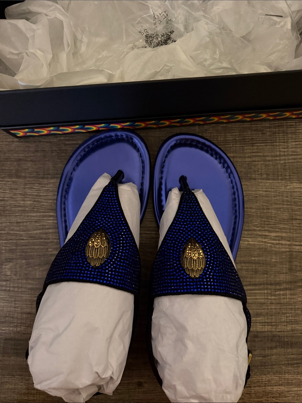 Kurt Geiger Royal Blue Crystal Thong Sandals with Gold Crest - Picture 5 of 5